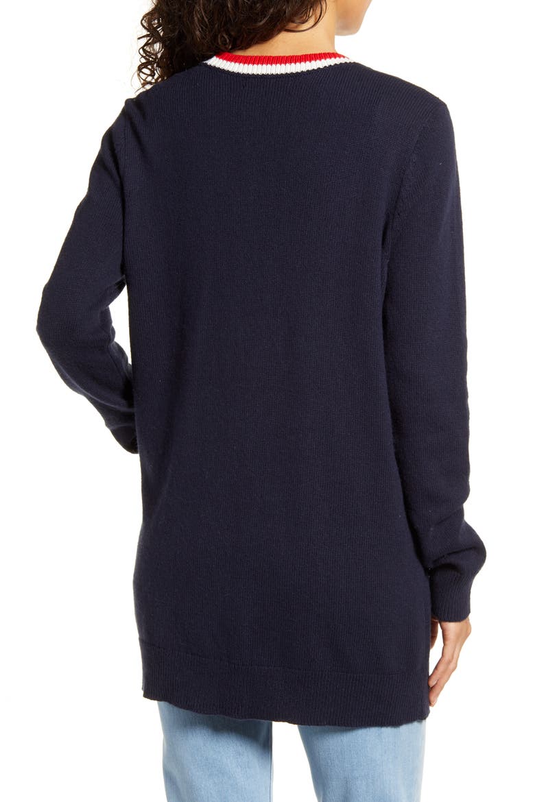 Tipped Long Cardigan, Alternate, color, NAVY- IVORY RED TIP