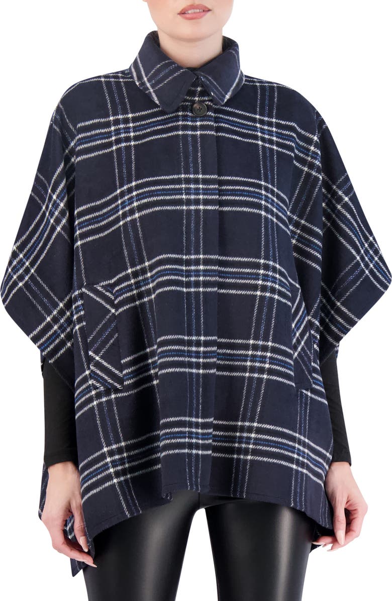 Ookie & Lala Plaid Brushed Knit Cape, Alternate, color, Navy/ White