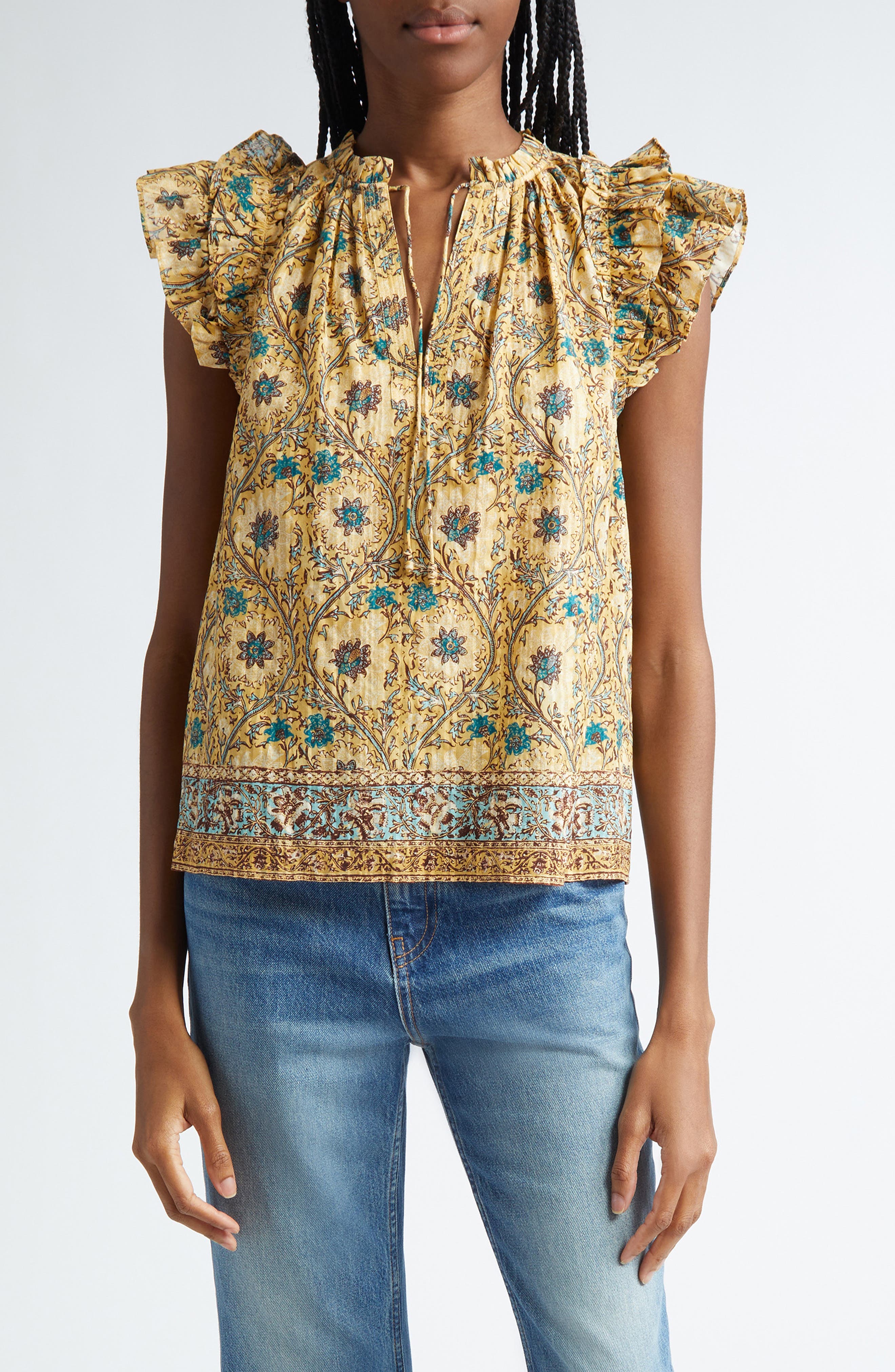 Ulla Johnson Fleur Floral Ruffle Shoulder Split Neck Top