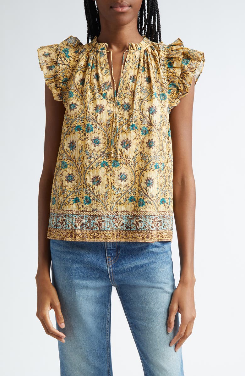 Ulla Johnson Fleur Floral Ruffle Shoulder Split Neck Top, Main, color, Daylily