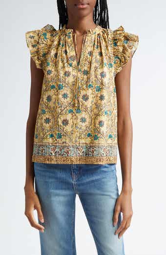 Ulla Johnson Fleur Floral Ruffle Shoulder Split Neck Top