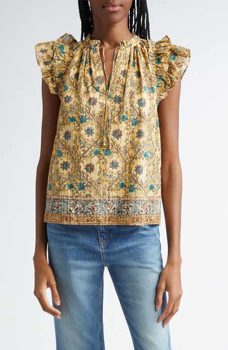 Ulla Johnson Fleur Floral Ruffle Shoulder Split Neck Top