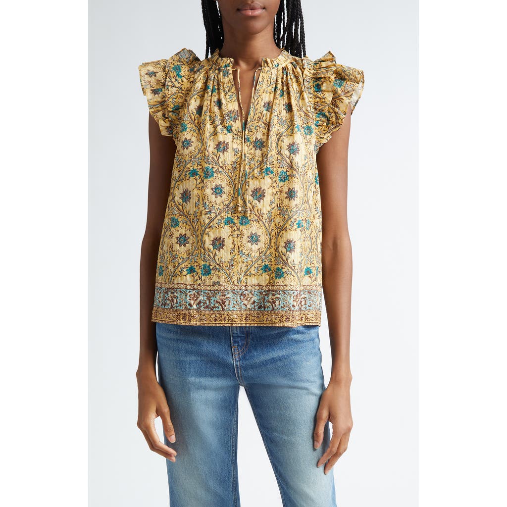 Ulla Johnson Fleur Floral Ruffle Shoulder Split Neck Top In Multi