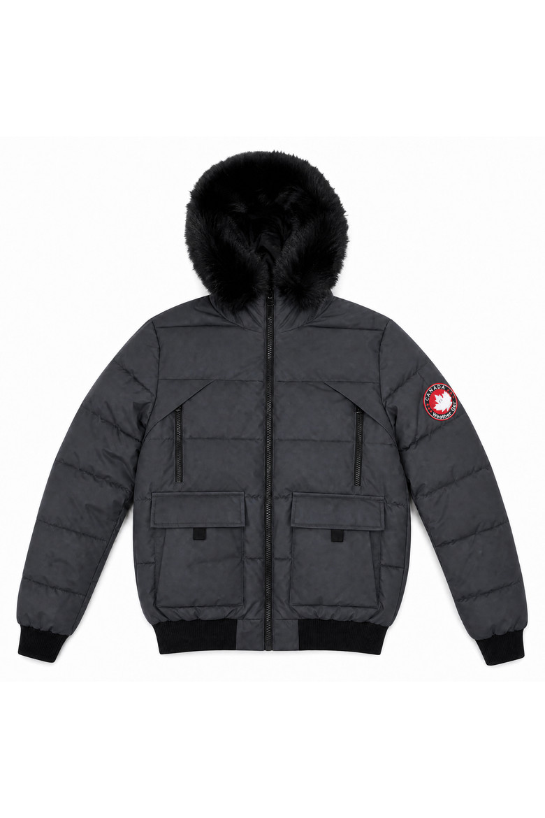 Men's Faux Fur Hood Insulated Bomber Puffer Jacket, Alternate, color, Black