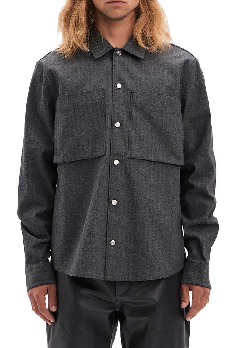 Ferro Herringbone Snap-Up Cotton & Wool Blend Overshirt, Main, color, WOOD GREY