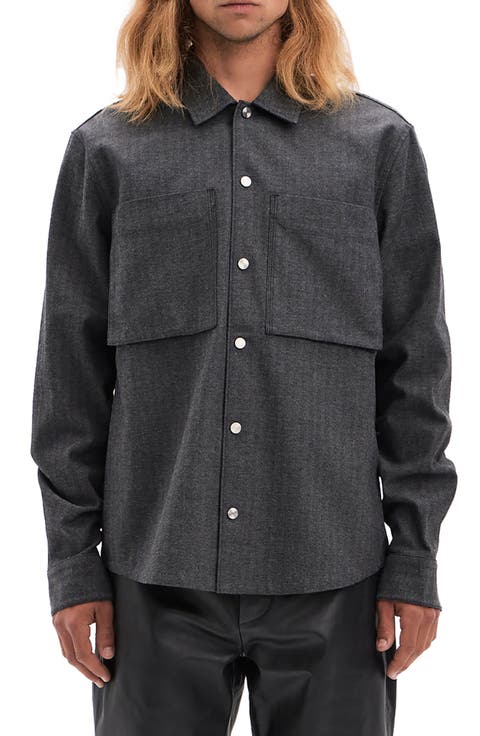 Ferro Herringbone Snap-Up Cotton & Wool Blend Overshirt