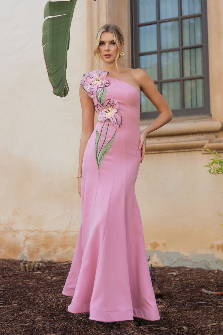 One Shoulder Floral Detail Crepe A Line Gown, Alternate, color, Orchid