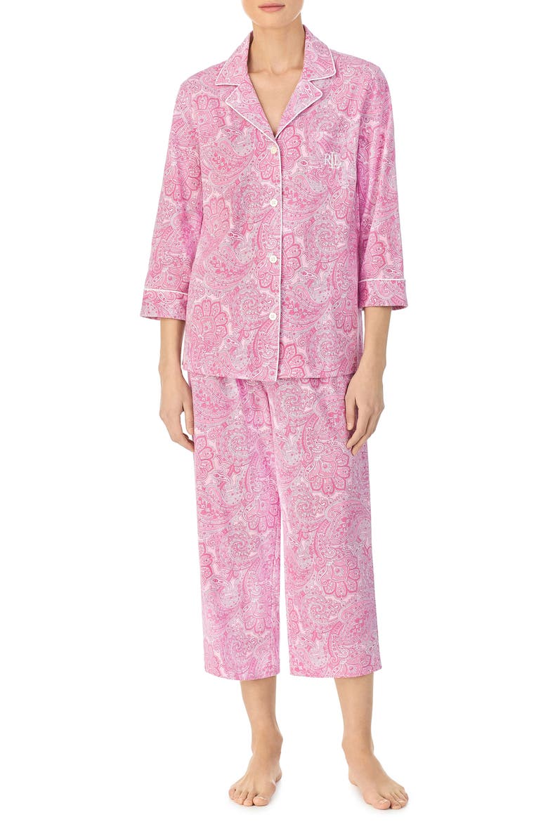 Knit Crop Cotton Pajamas, Main, color, PINK PAISLEY