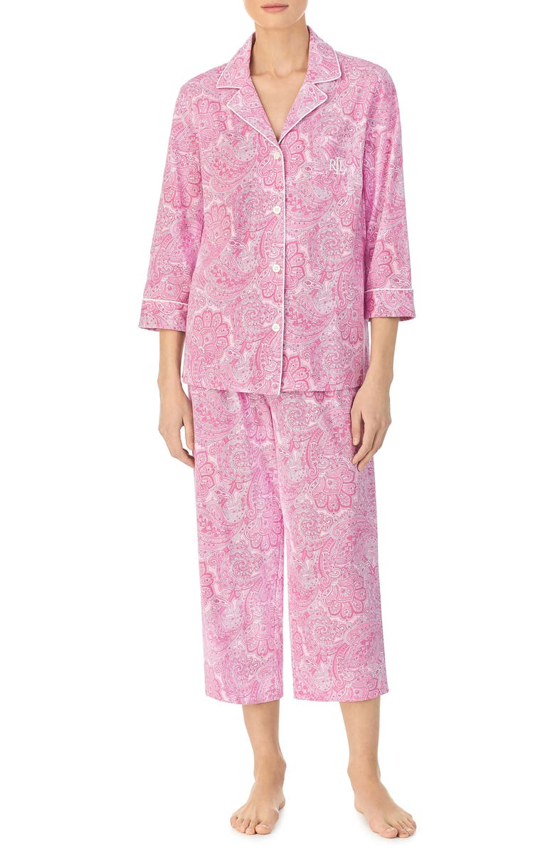 Lauren Ralph Lauren Knit Crop Cotton Pajamas, Main, color, Pink Paisley