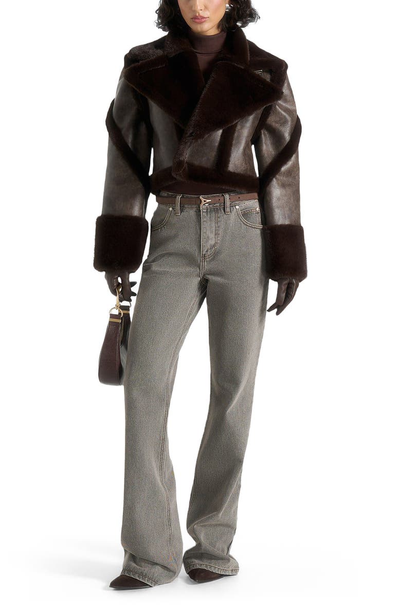 Manière De Voir Kena Vintage Leather & Plush 2-in-1 Gilet Jacket, Alternate, color, Brown