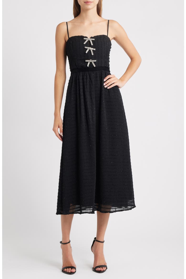 Crystal Bow Detail Metallic Dress, Main, color, BLACK