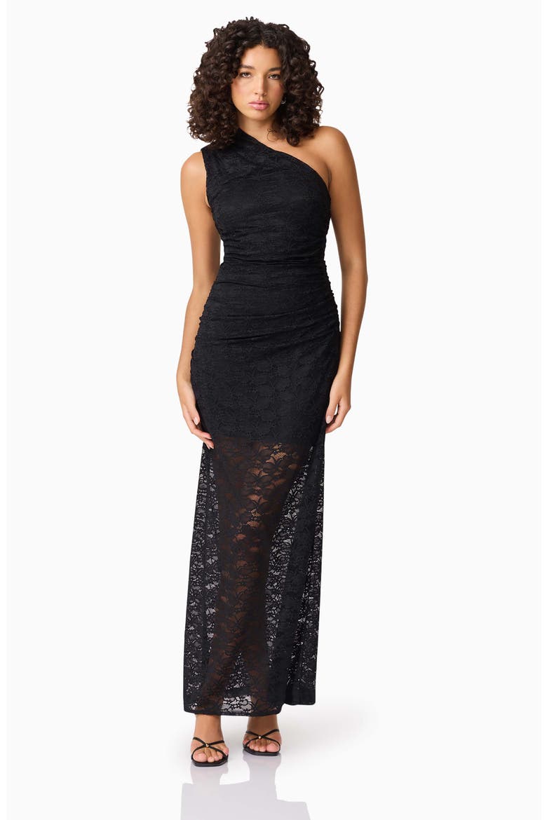 Armelle Lace One-Shoulder Gown, Alternate, color, BLACK