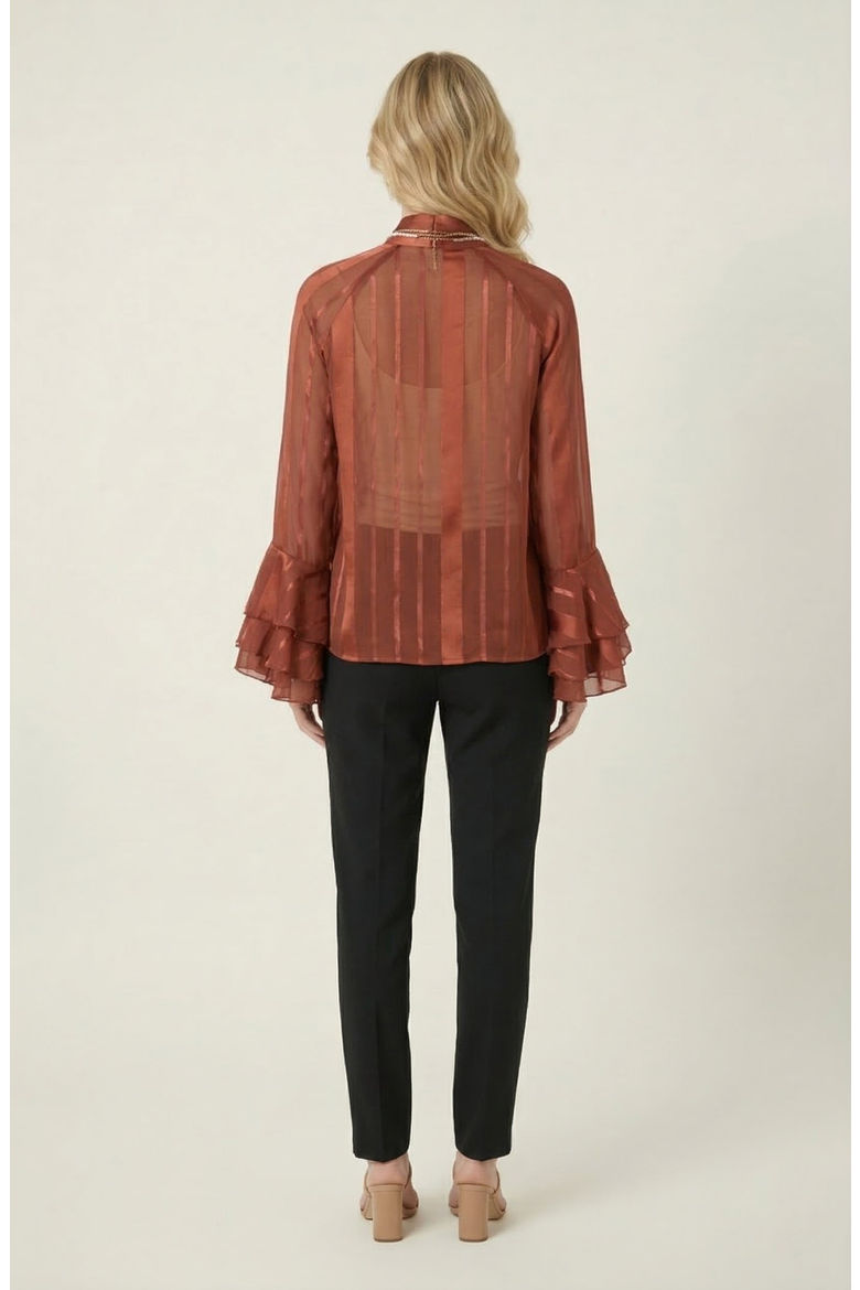 Sheer Blouse with Tie Neck Detail and Bell Sleeves, Alternate, color, Burnt Orange