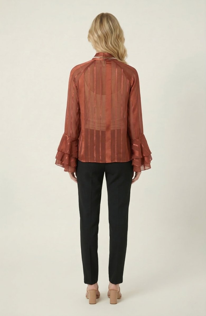 Modenaire Sheer Blouse with Tie Neck Detail and Bell Sleeves, Alternate, color, Burnt Orange