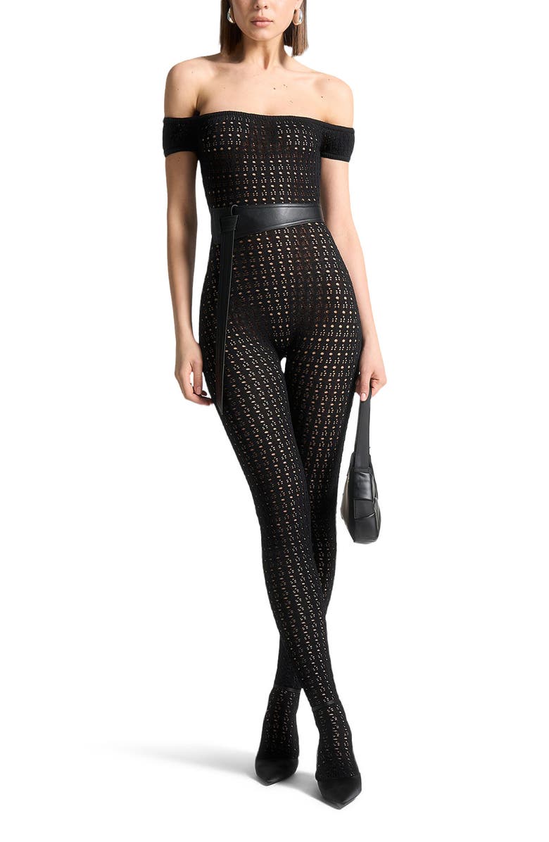 Manière De Voir Martine Pointelle Knit Bardot Jumpsuit with Belt, Main, color, Black