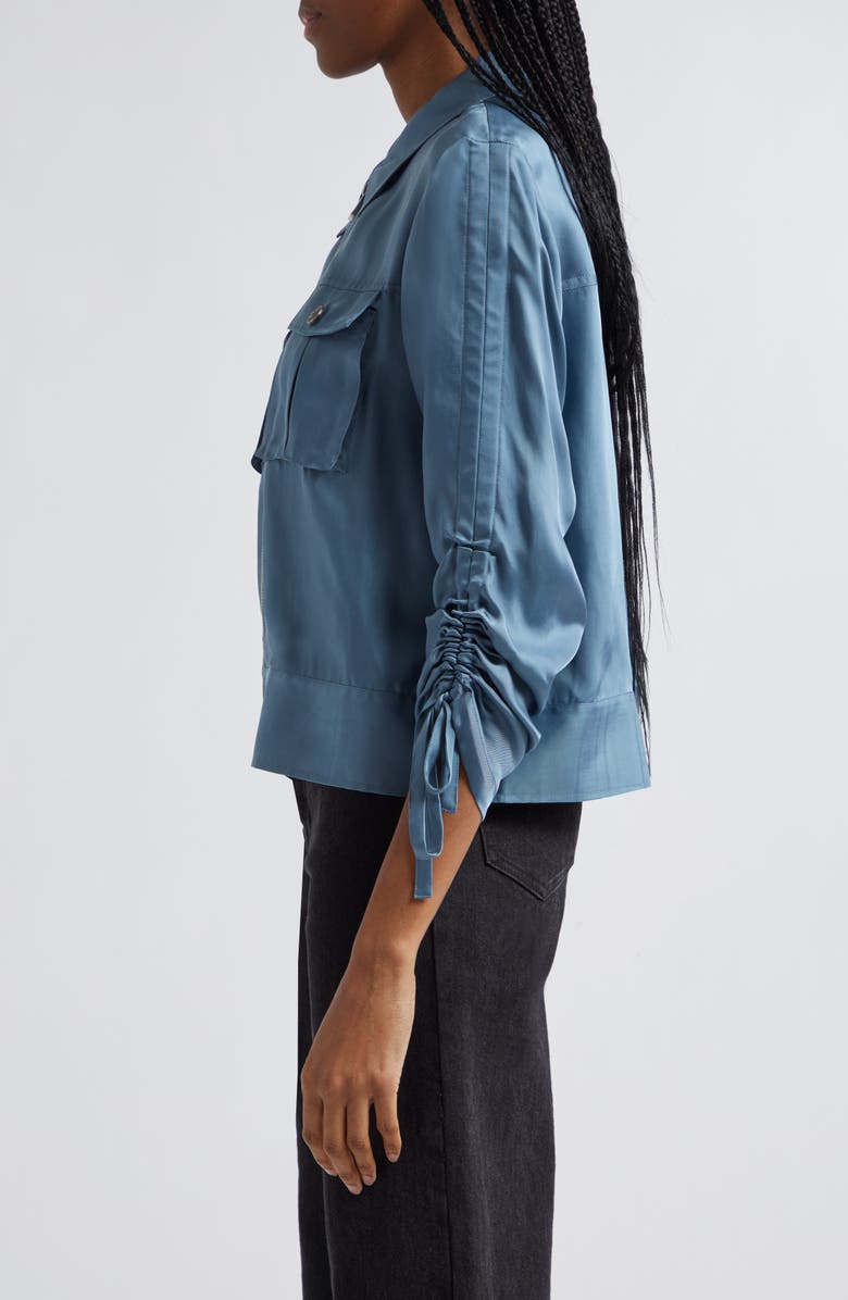 Cinq à Sept Dale Ruched Sleeve Cupro Satin Jacket, Alternate, color, Midnight Rain