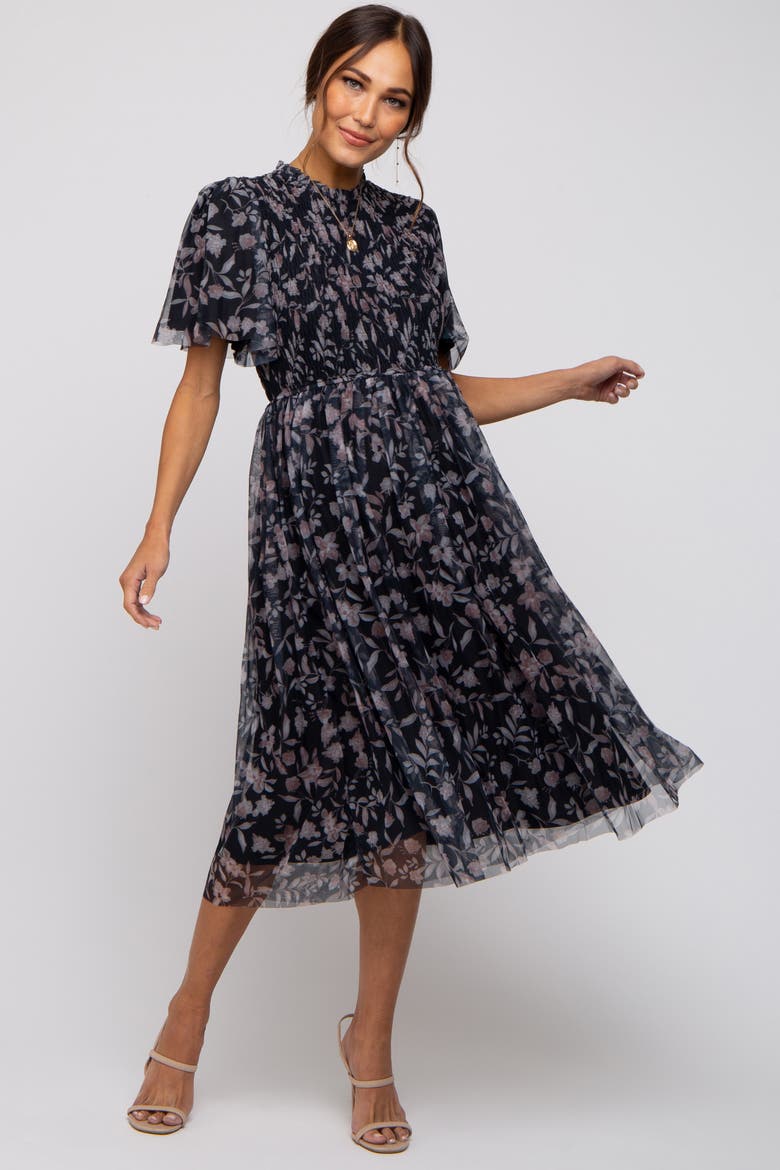 Floral Smocked Mesh Knit Midi Dress, Alternate, color, Black