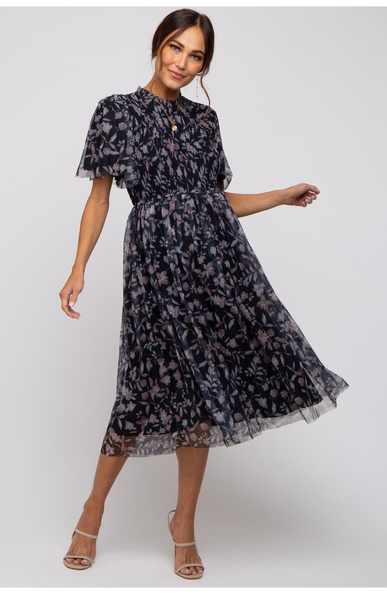 PinkBlush Floral Smocked Mesh Knit Midi Dress, Alternate, color, Black