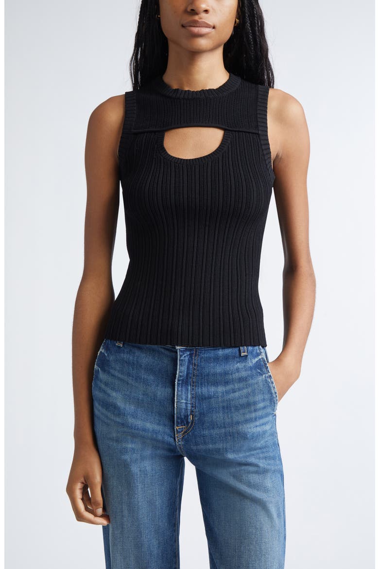 Morgann Cutout Sleeveless Rib Knit Top, Main, color, BLACK