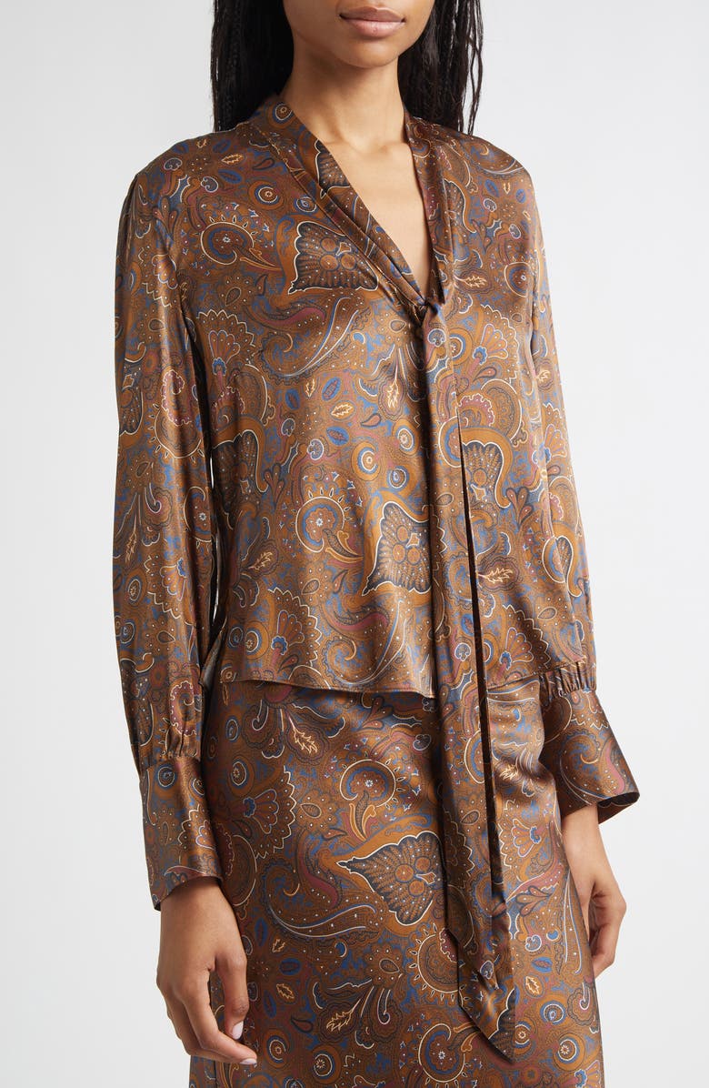 Veronica Beard Francine Print Tie Neck Silk Blend Top, Alternate, color, Walnut Multi