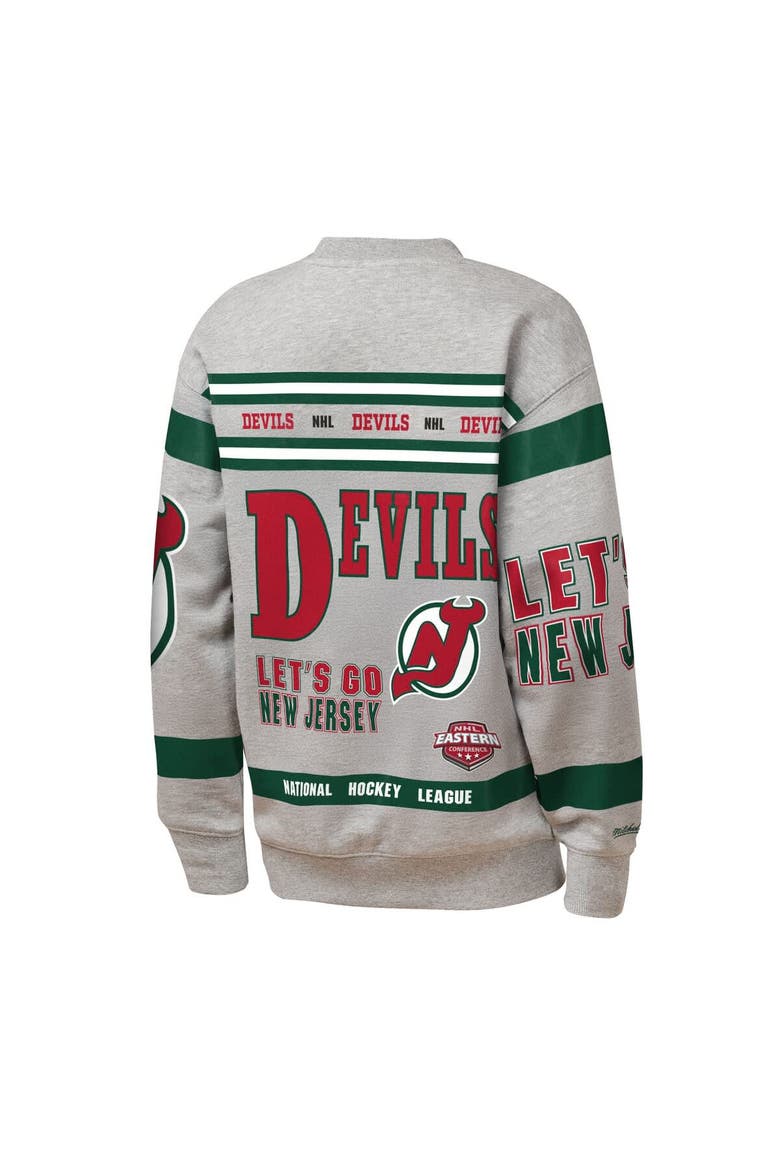 Youth Mitchell & Ness Heather Gray New Jersey Devils Allover Print Fleece Crewneck Sweatshirt, Alternate, color, Heather Gray
