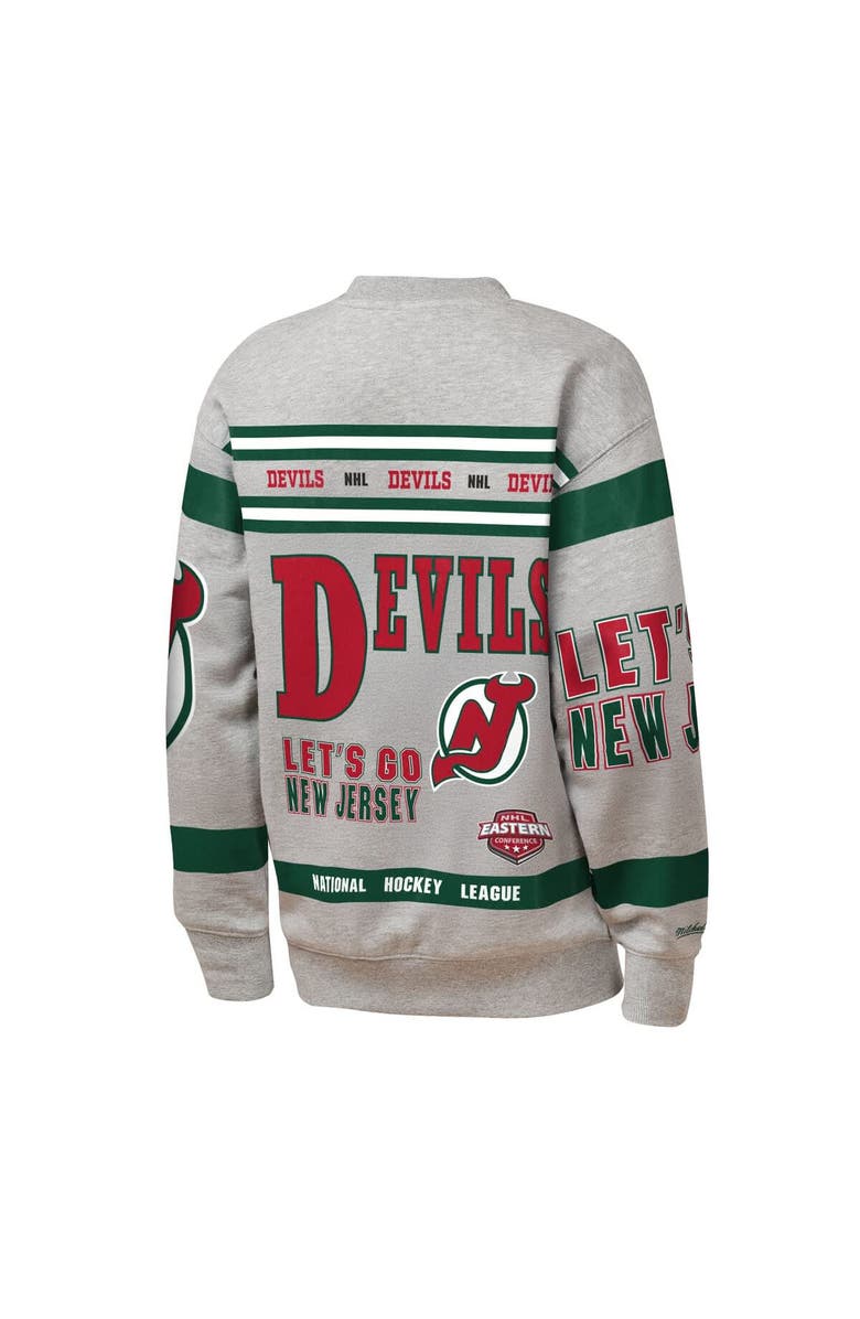 Mitchell & Ness Youth Mitchell & Ness Heather Gray New Jersey Devils Allover Print Fleece Crewneck Sweatshirt, Alternate, color, Heather Gray