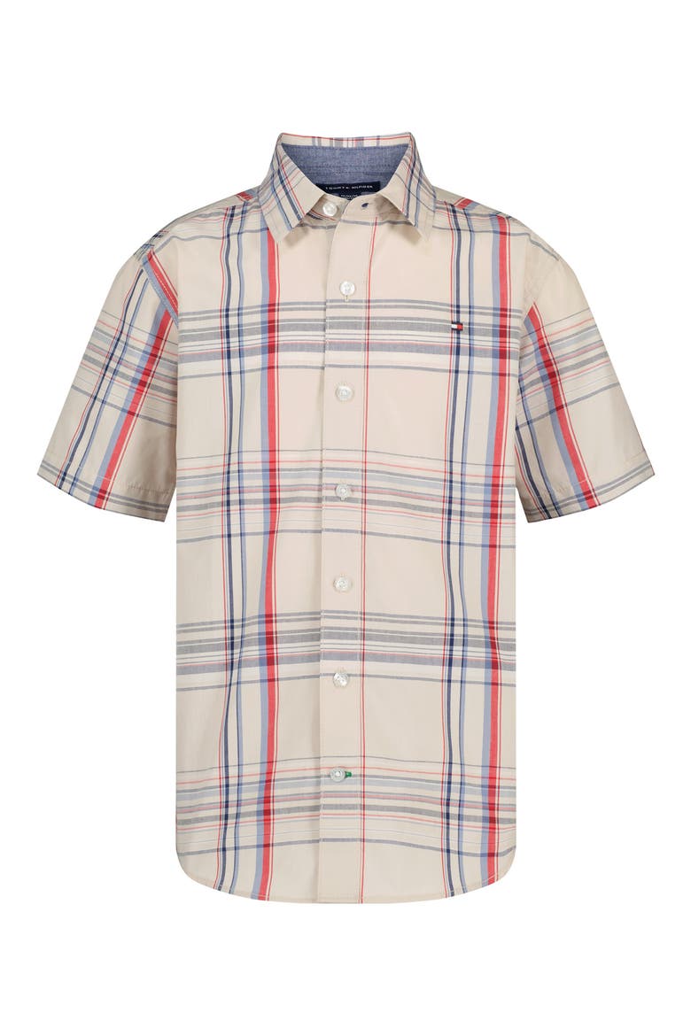 Kids' Plaid Short Sleeve Button-Up Shirt, Main, color, OATMEAL