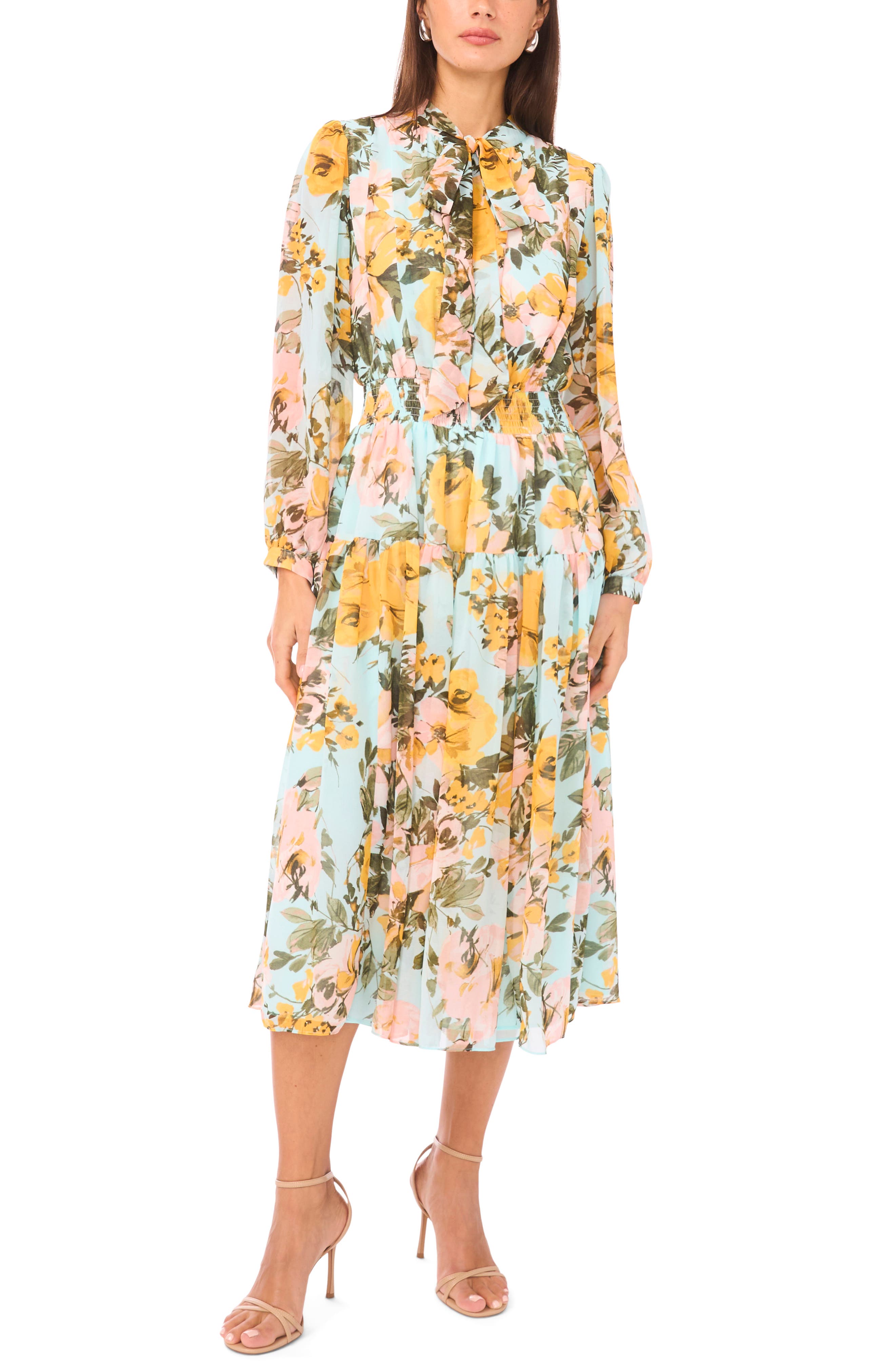 Bow Neck Chiffon Midi Dress