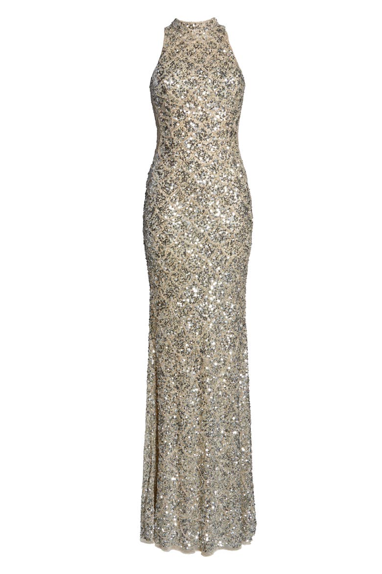 Mock Neck Sequin Column Gown, Alternate, color, SILVER