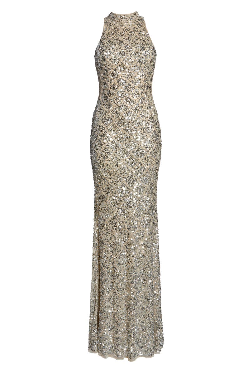 Mac Duggal Mock Neck Sequin Column Gown, Alternate, color,