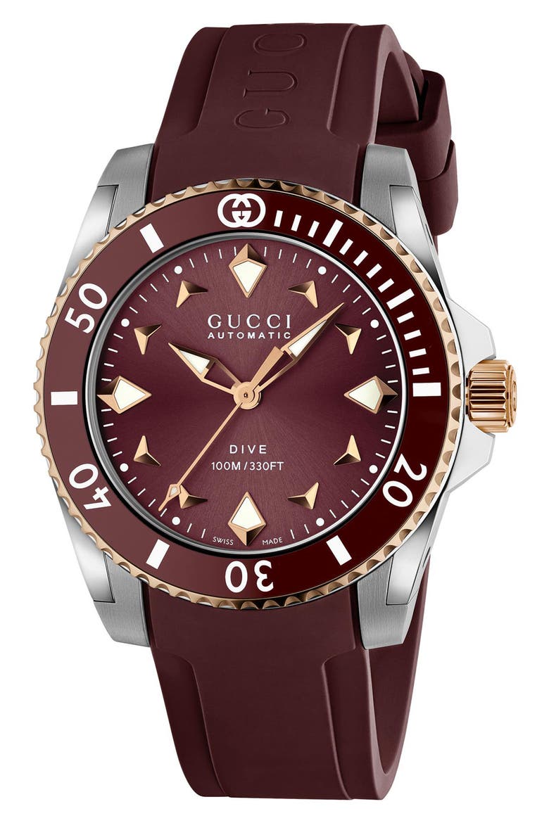Dive Automatic Rubber Strap Watch, 36mm, Main, color, RED BURGUNDY