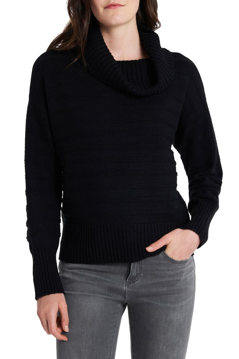 Texture Stripe Cotton Blend Cowl Neck Sweater, Main, color, RICH BLACK