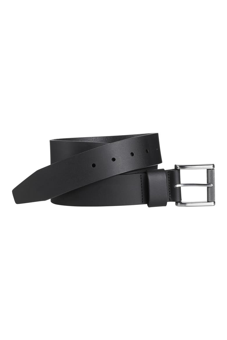 Roller Buckle Leather Belt, Main, color, BLACK