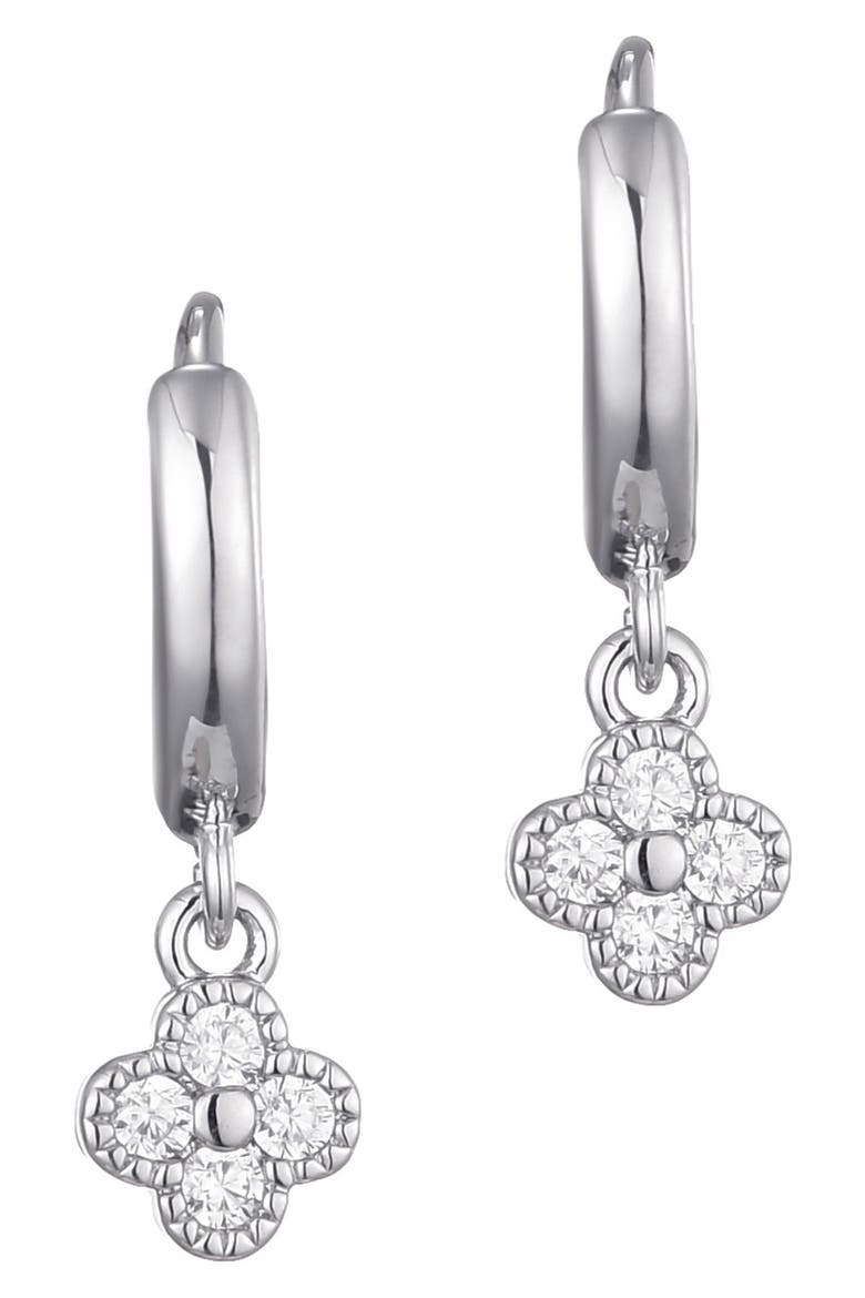 Clover Mini Cubic Zirconia Drop Huggie Hoop Earrings, Main, color, SILVER