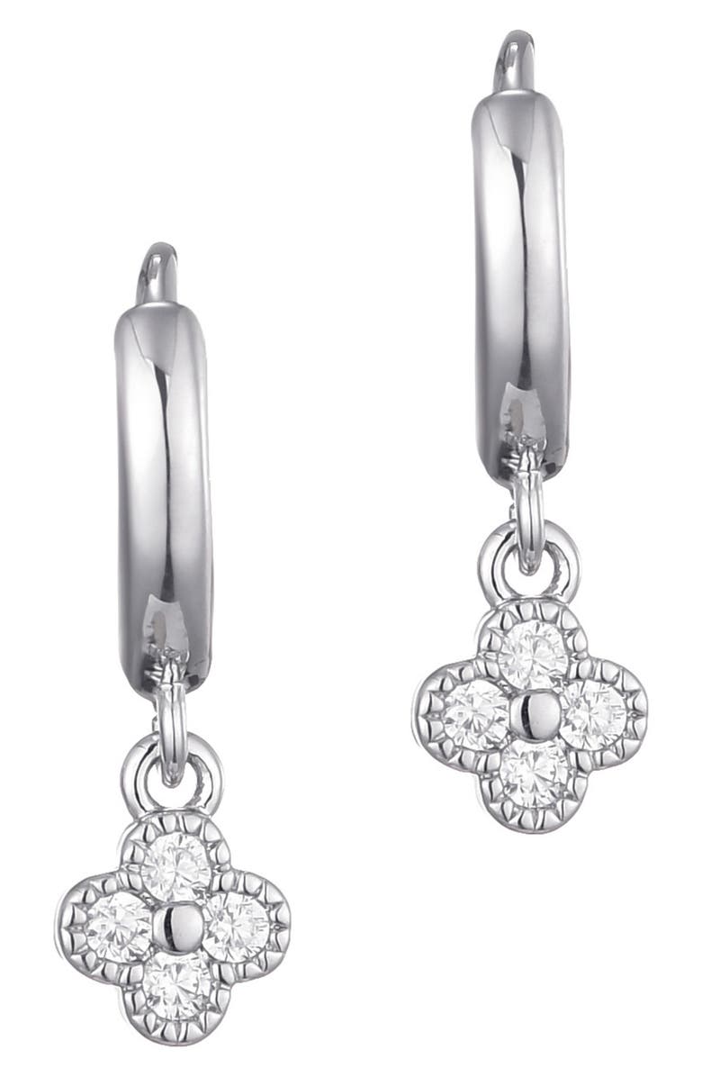 Adornia Clover Mini Cubic Zirconia Drop Huggie Hoop Earrings, Main, color, Silver