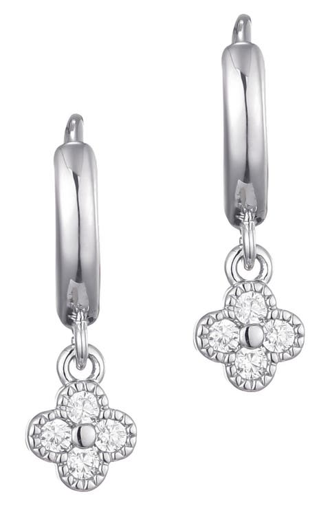 Clover Mini Cubic Zirconia Drop Huggie Hoop Earrings