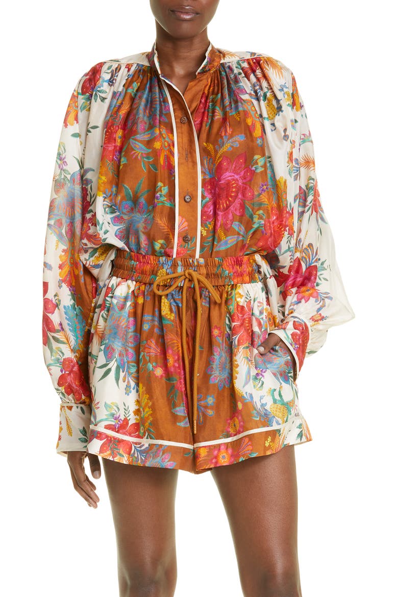 Ginger Floral Relaxed Fit Silk Blouse, Main, color, CREAM/ BROWN FLORAL