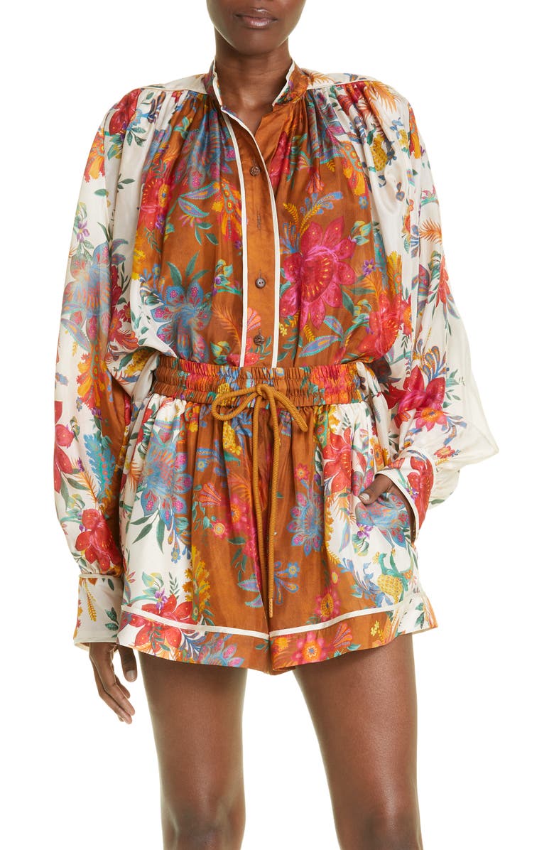Zimmermann Ginger Floral Relaxed Fit Silk Blouse, Main, color, 
