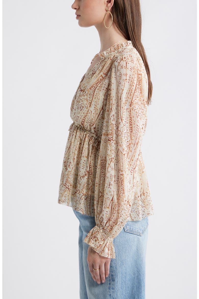 Long Sleeve Chiffon Peplum Top, Alternate, color, IVORY-YELLOW ANTIQUE PAISLEY