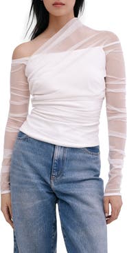 Marcella Monroe One-Shoulder Mesh Overlay Top