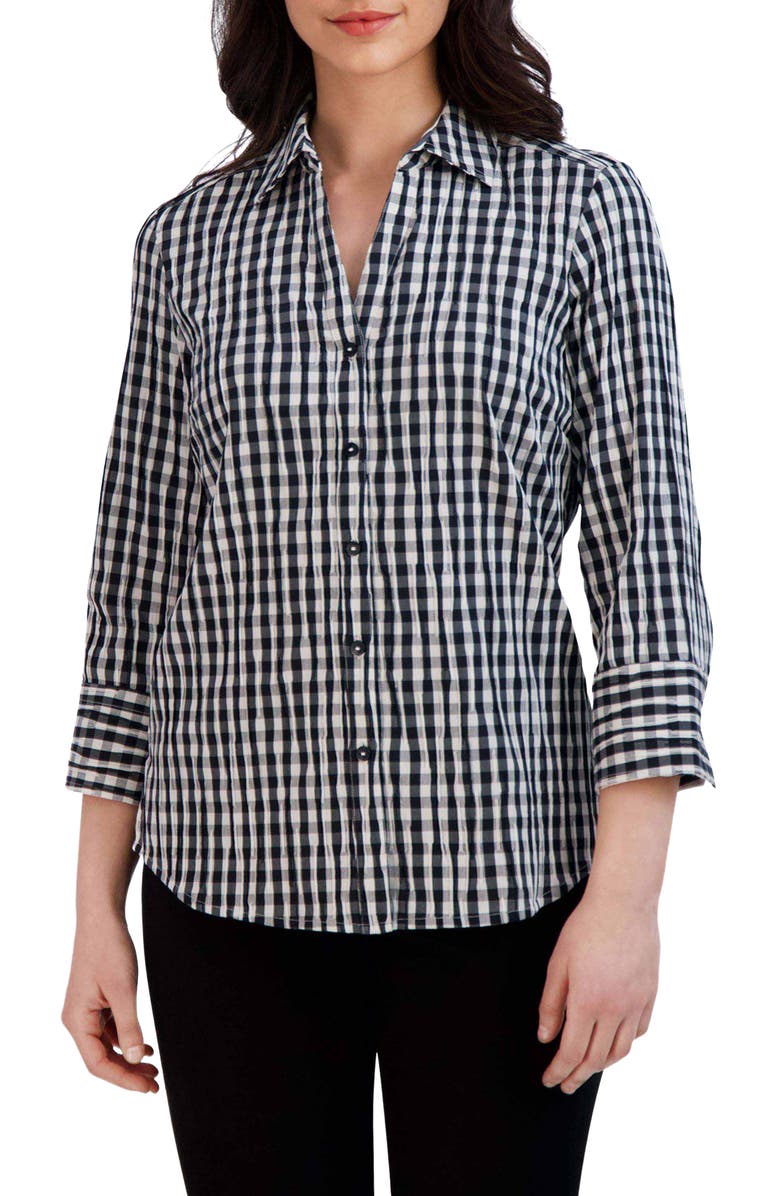 Foxcroft Mary Crinkled Gingham Cotton Blend Shirt, Main, color, 