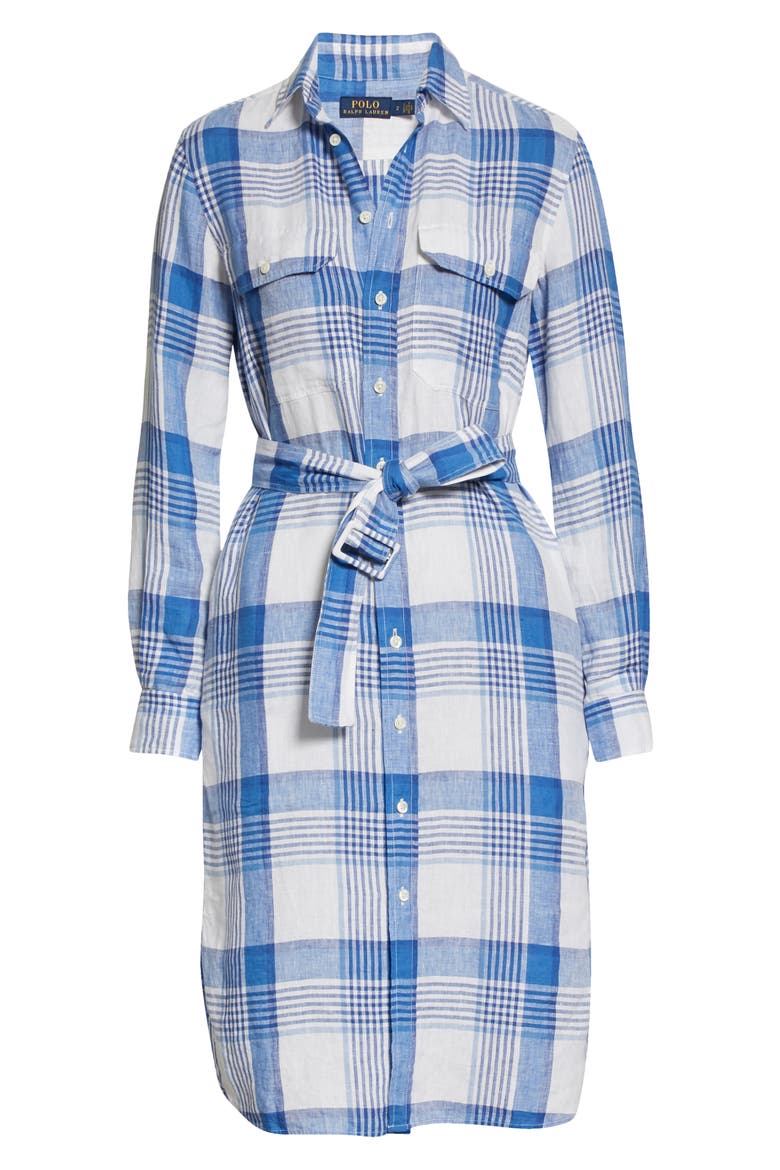 Plaid Long Sleeve Belted Linen Shirtdress, Alternate, color, 4370 WHITE BLUE/ MULTI