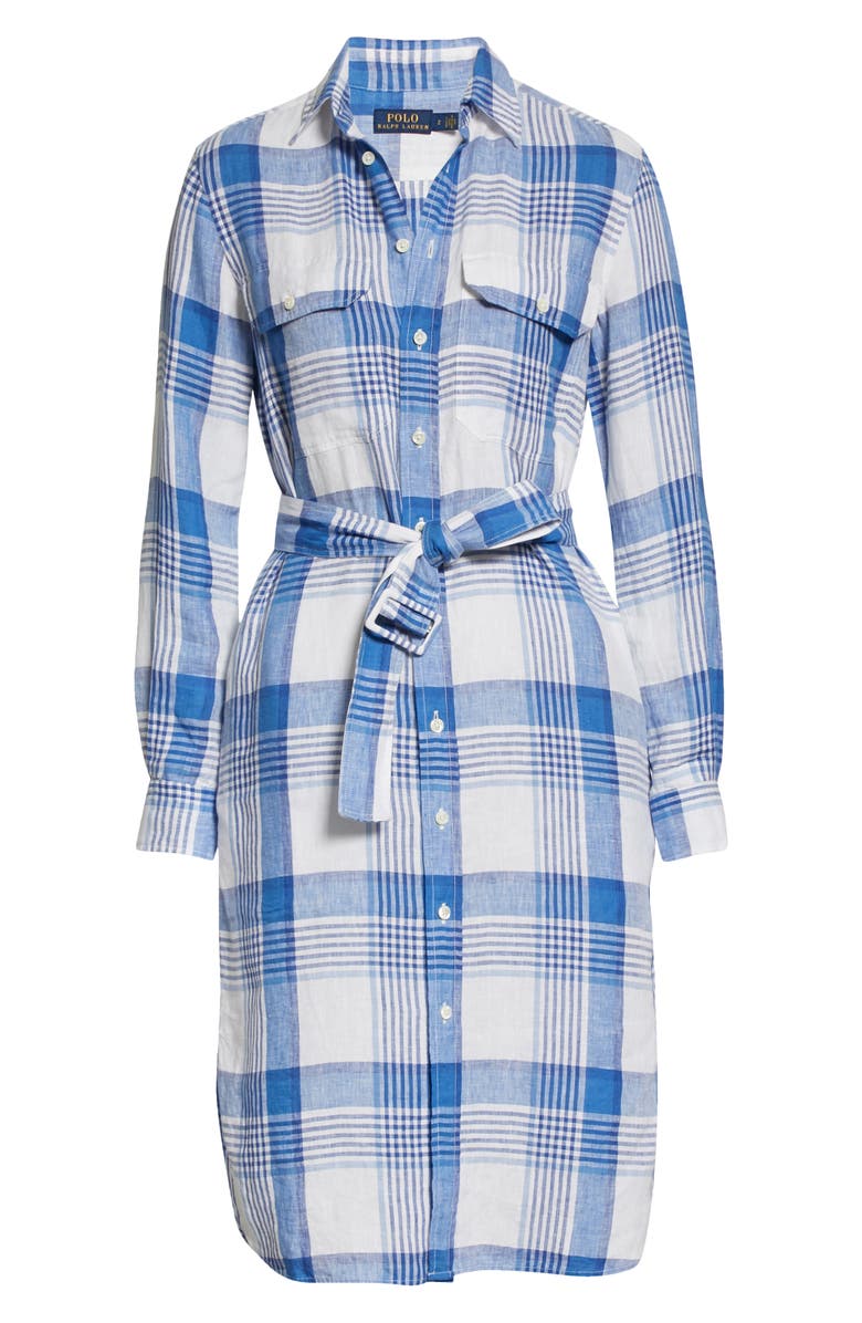 Polo Ralph Lauren Plaid Long Sleeve Belted Linen Shirtdress, Alternate, color, 