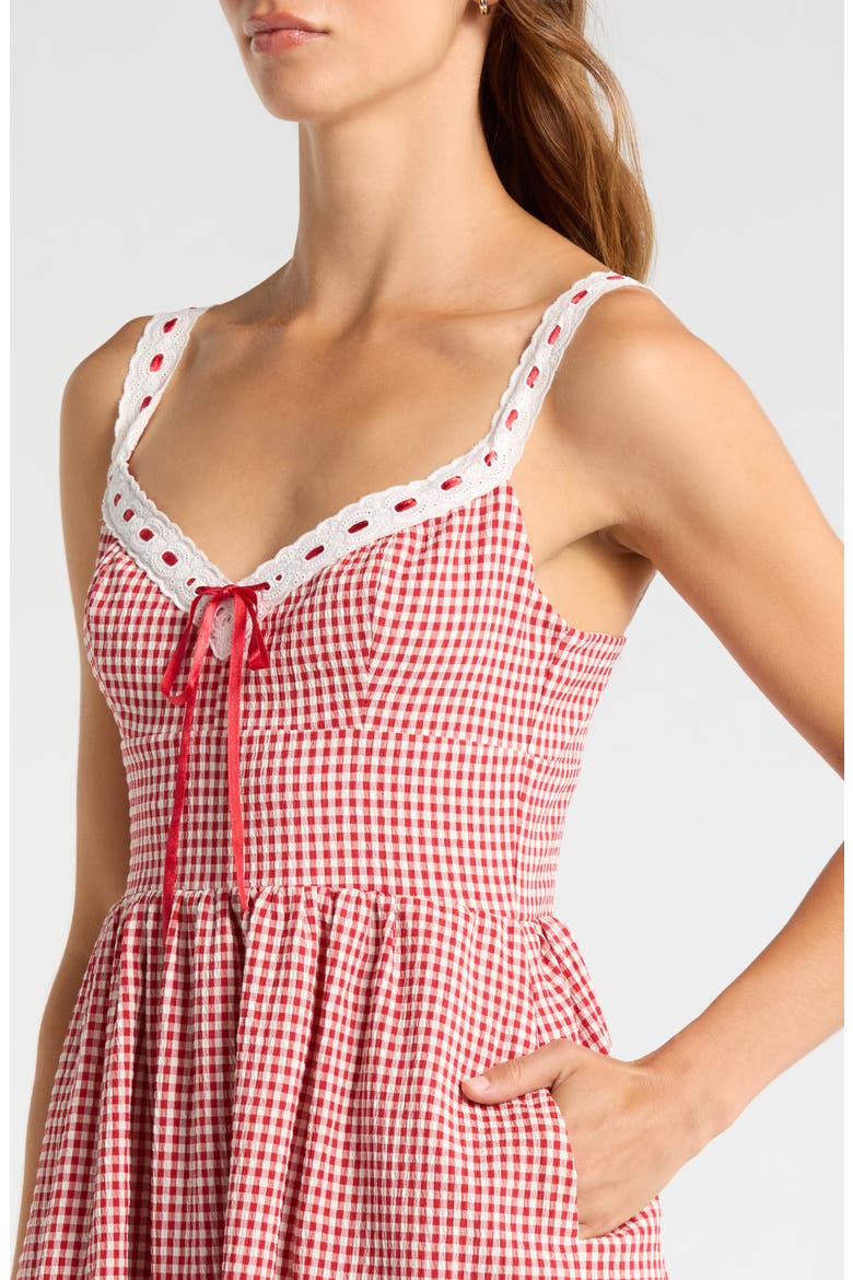 Lilibet Gingham Lace Trim Midi Dress, Alternate, color, RED
