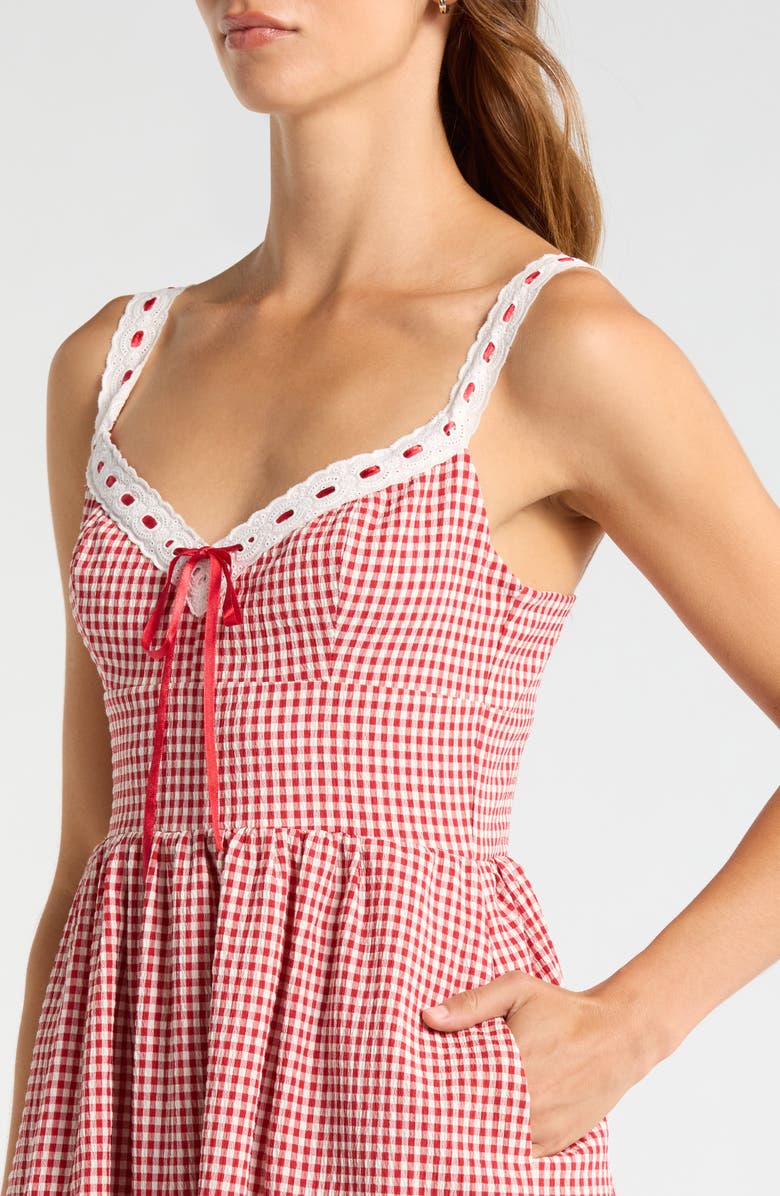 WAYF Lilibet Gingham Lace Trim Midi Dress, Alternate, color, Red