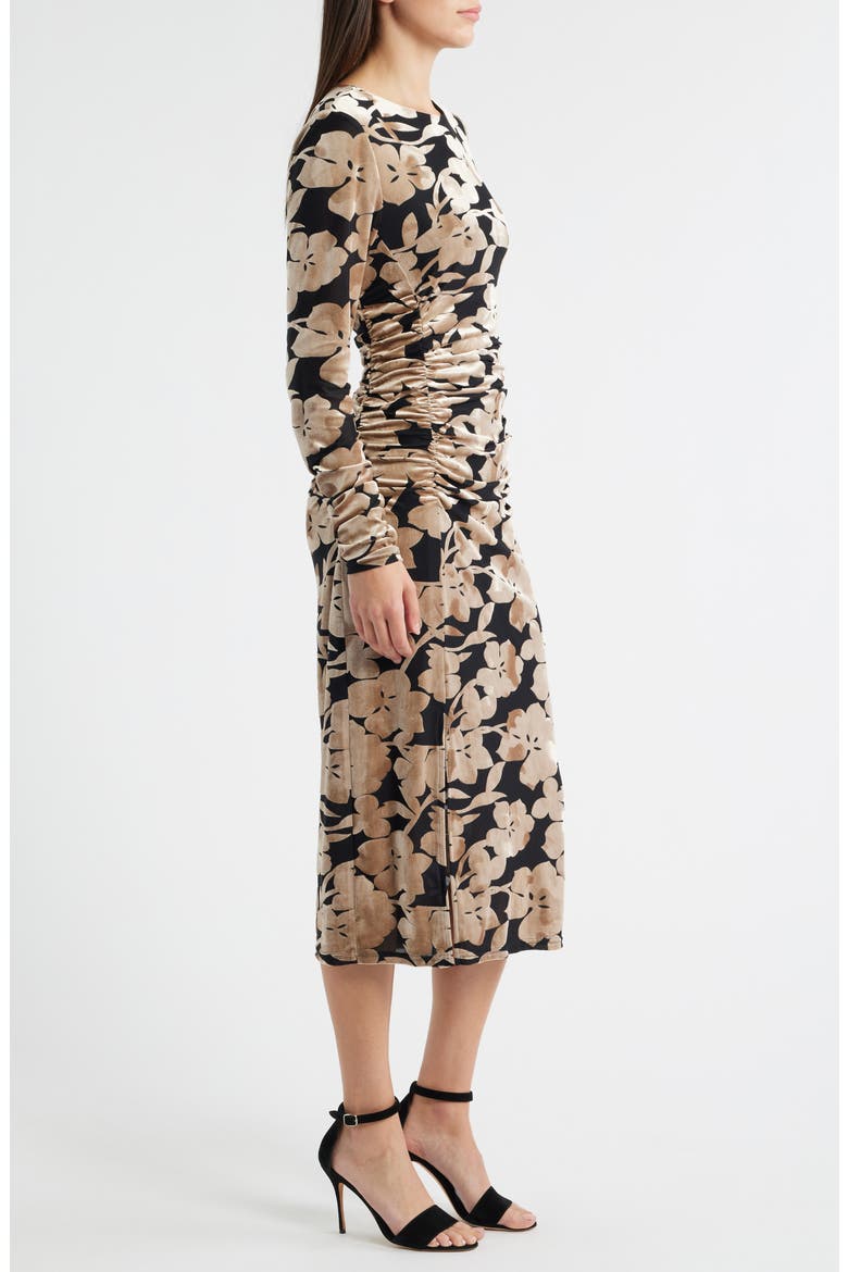 Floral Long Sleeve Velvet Burnout Midi Dress, Alternate, color, PLATINUM