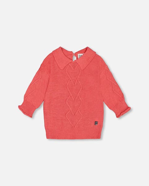 Little Girl's 3/4 Knit Sweater With Collar Coral