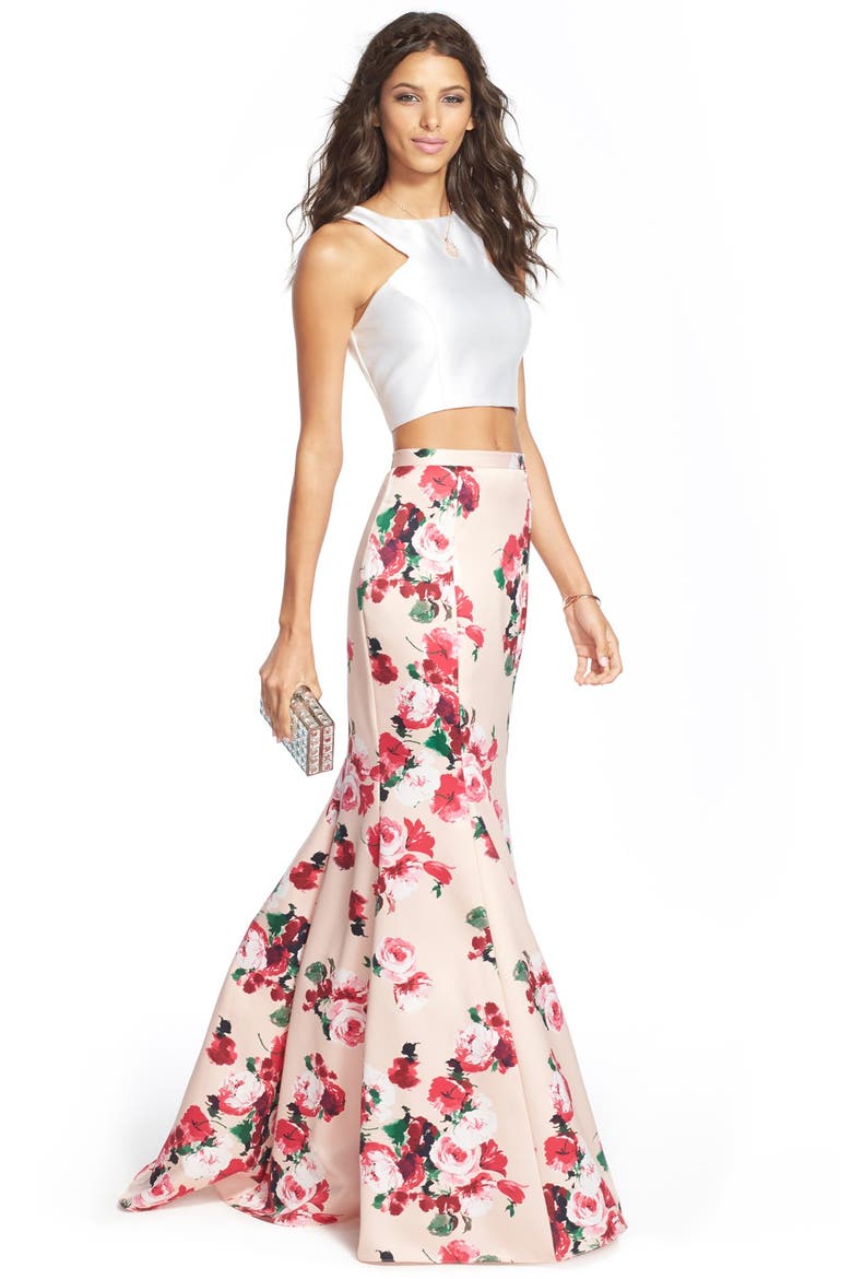 Xscape Floral Satin Two-Piece Ballgown, Alternate, color, PINK