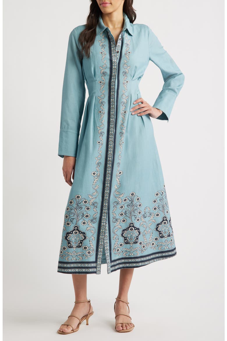 Mirella Placed Print Long Sleeve Cotton & Linen Midi Dress, Main, color, CARDAMON BLUE