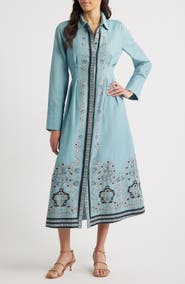 Cleobella Mirella Placed Print Long Sleeve Cotton & Linen Midi Dress